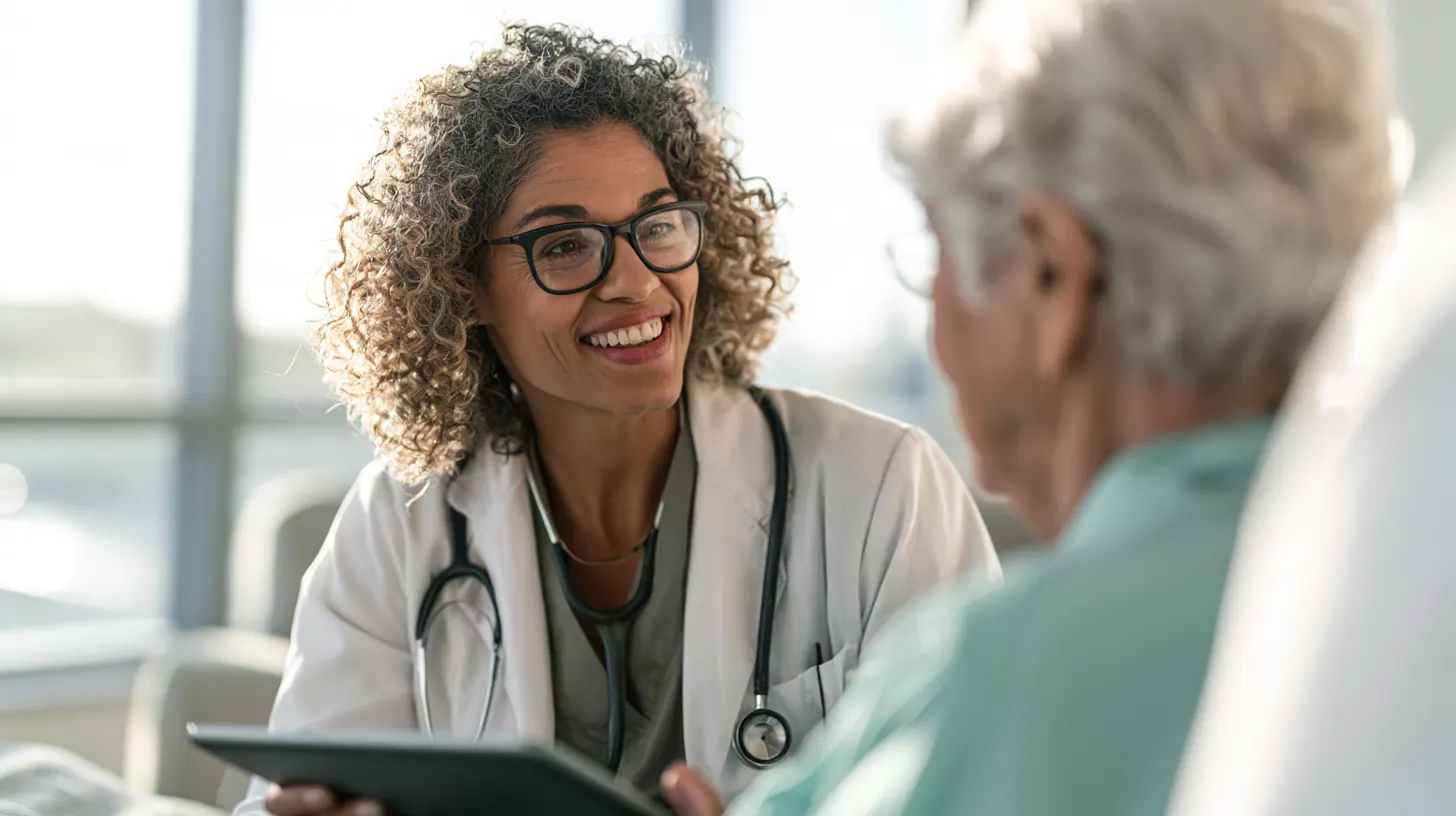 A doctor talking with an older patient while holding a tablet