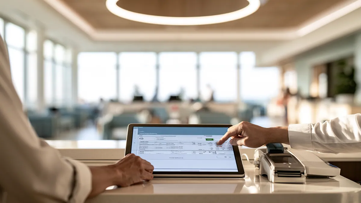 A staff member reviewing an account on a tablet at a bright surgery center reception desk
