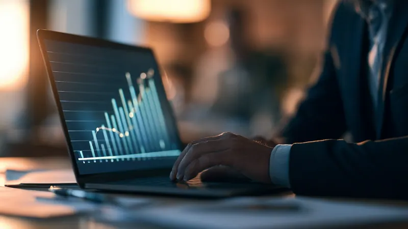 A person working on a laptop that shows a rising data chart