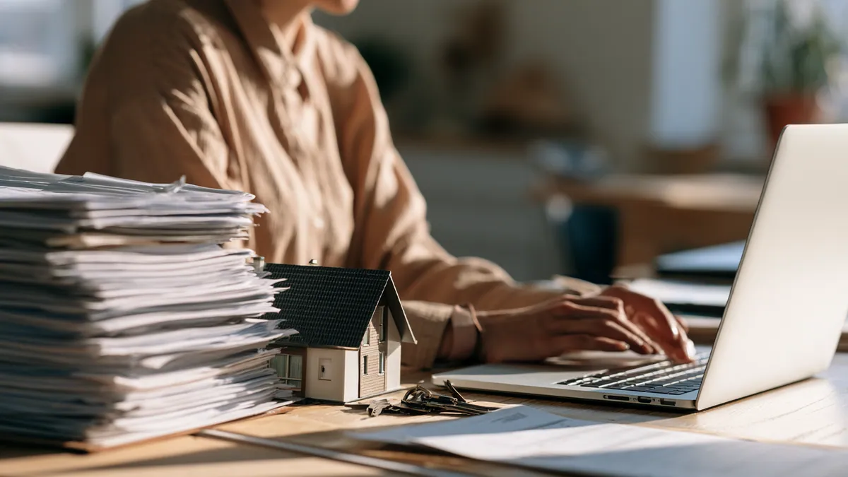 A person at a laptop beside a stack of loan documents and a small model house