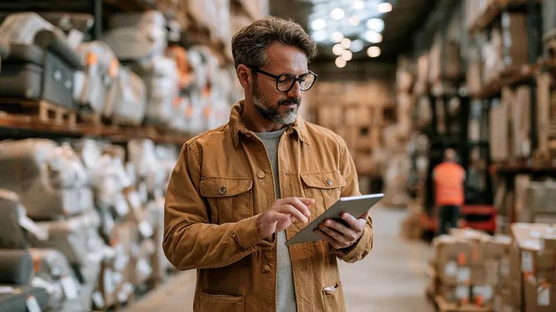 A supply chain planner checking stock on a tablet in a furniture warehouse