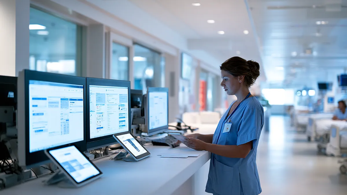 A nurse working at a hospital station with large monitors and tablets