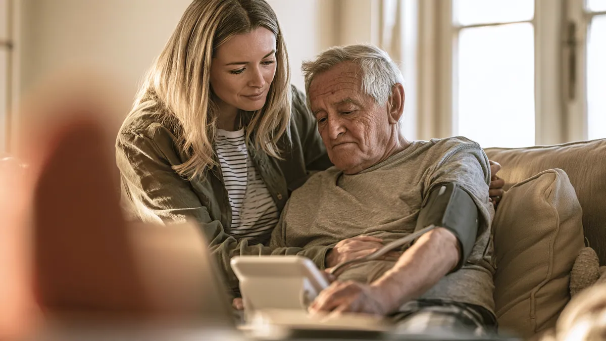 A caregiver and an older man checking his health readings on a tablet at home