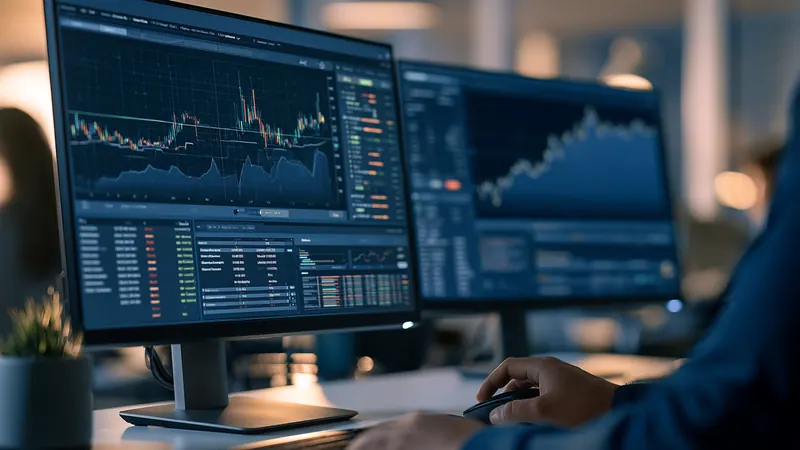 Two large monitors showing financial data on a desk