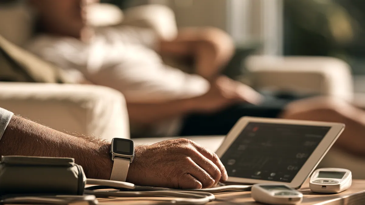 A patient's wrist wearing a smartwatch beside a blood pressure monitor and a tablet