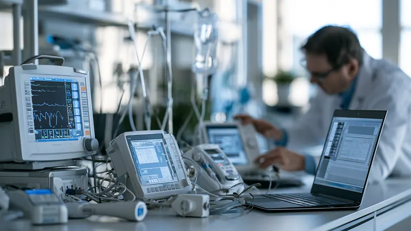 Medical devices and monitors on a workbench while a clinician works on a laptop
