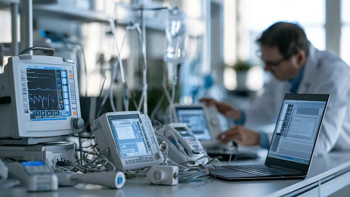 Medical devices and monitors on a workbench while a clinician works on a laptop