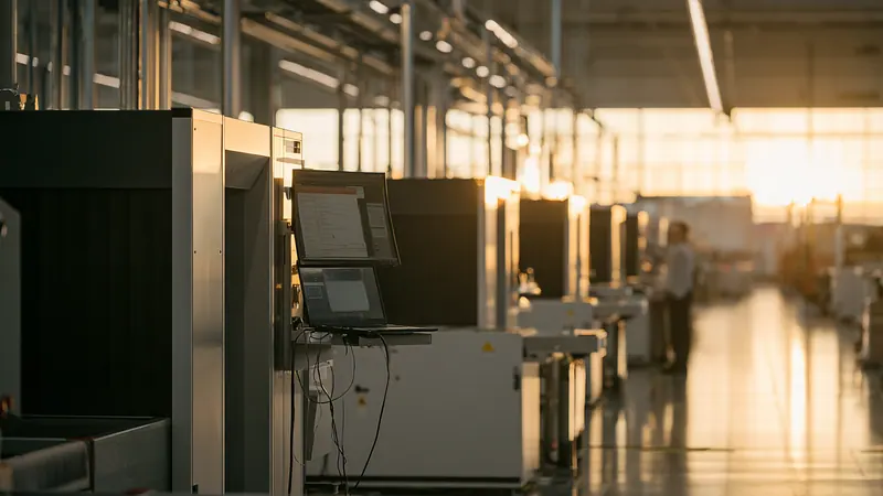 A row of new security screening machines in a bright hall