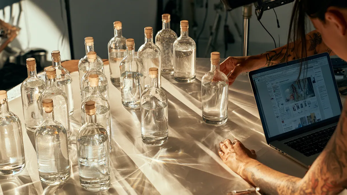 Clear spirit bottles on a table while a team member works on a laptop